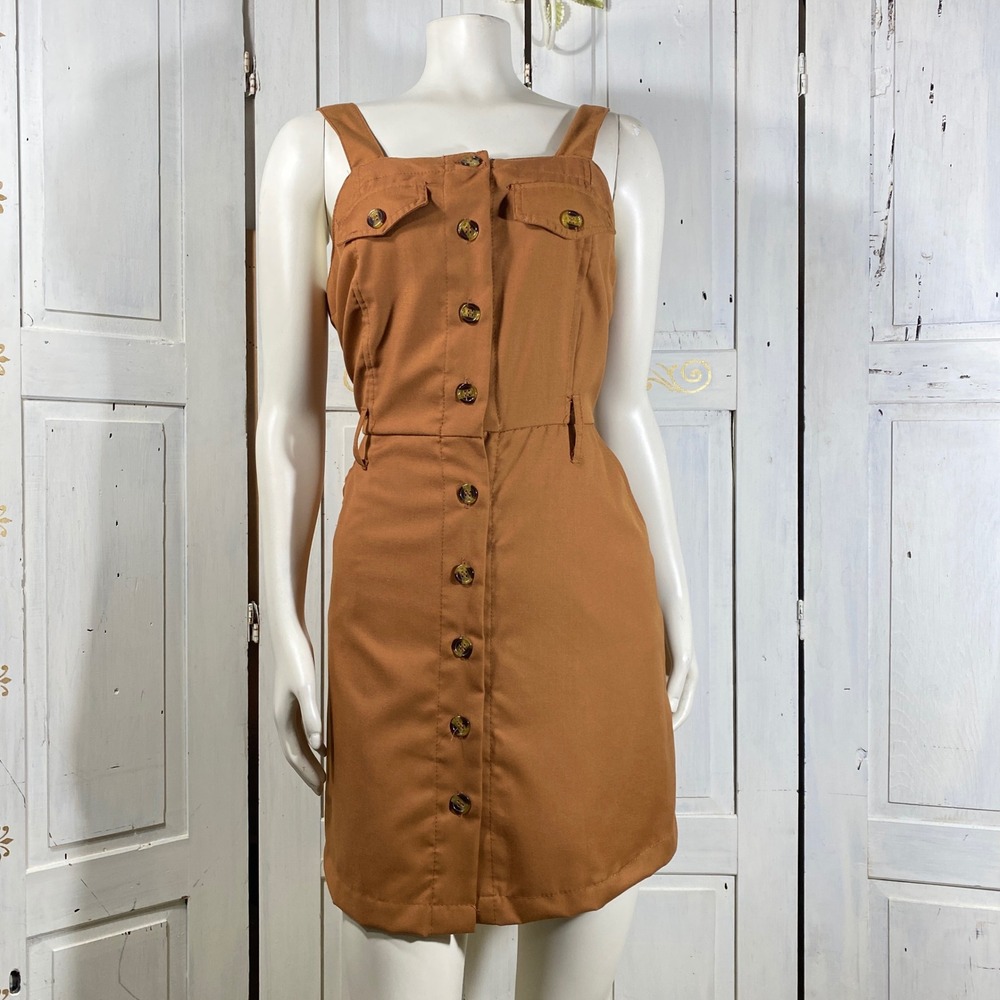 Justify Dress Womens Medium Rust Cotton Pinafore Overall Mini Button‎ Front Y2K